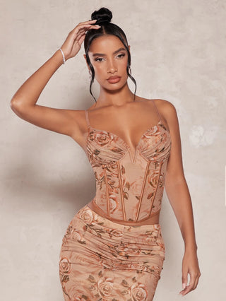 Floral Print Bustier Mesh Cami Top