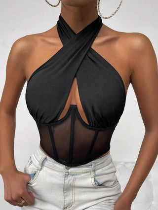 Mesh Insert Halter Corset Top