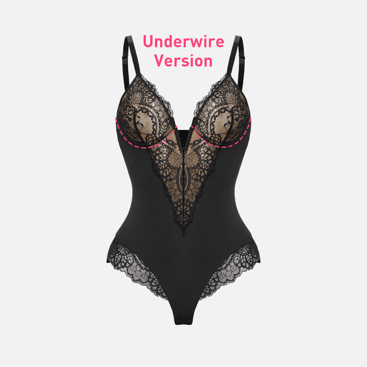 Deep-V Neck Lace Thong Bodysuit