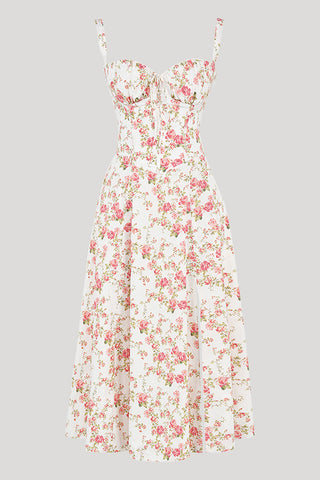 Floral Printed And Colorful Bustier Midi Sundress