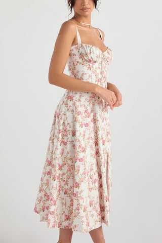 Floral Printed And Colorful Bustier Midi Sundress