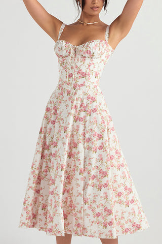 Floral Printed And Colorful Bustier Midi Sundress