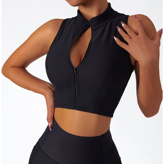 Ribbed Knit Zip Front Yoga Tank Top