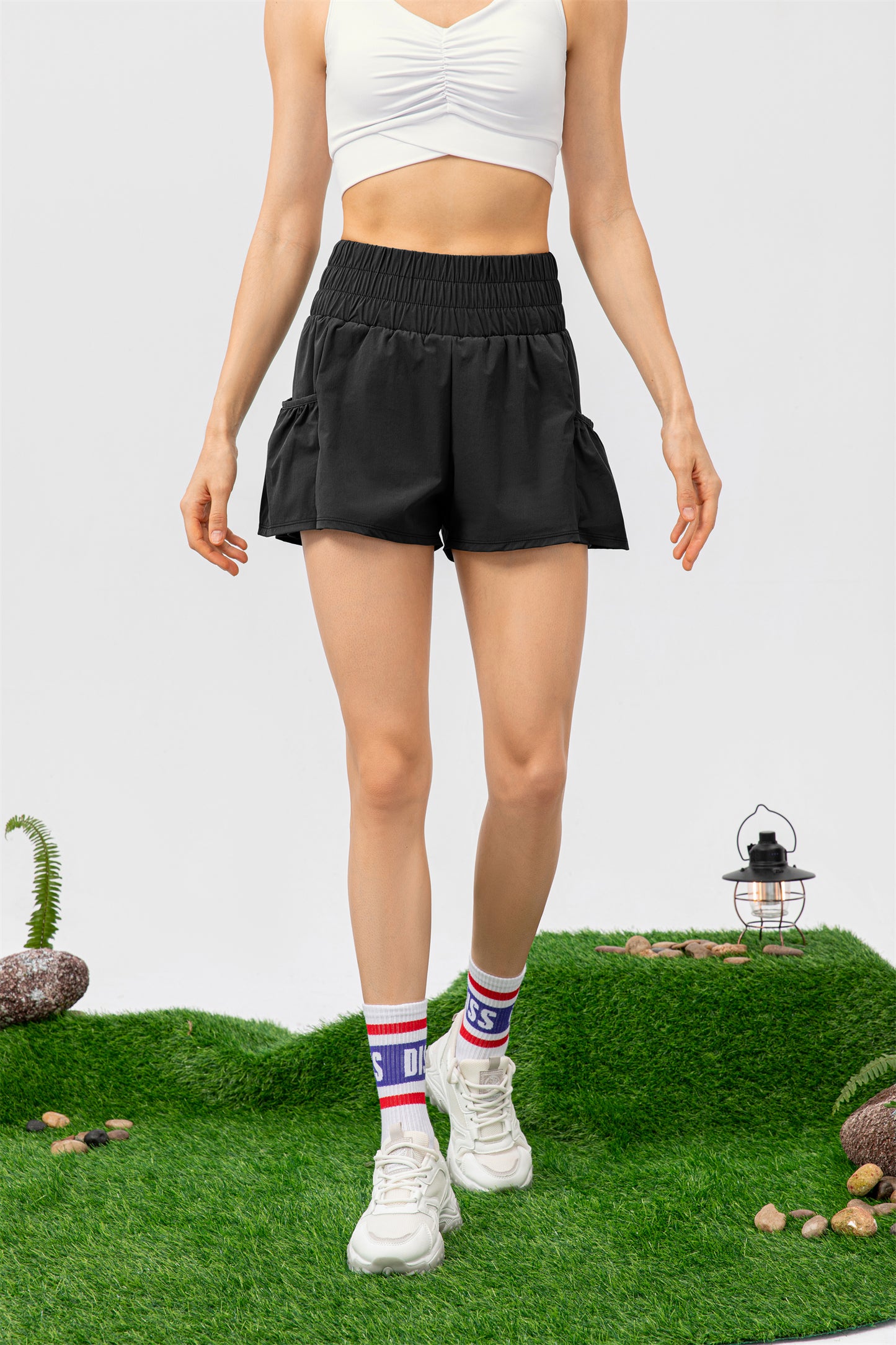 High Waisted Elastic Waistband Pocket Sport Shorts