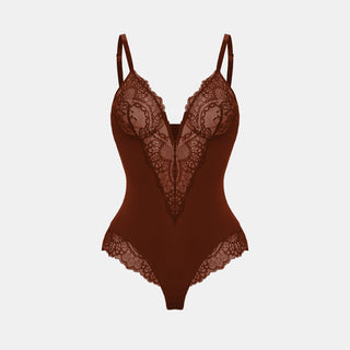 Deep-V Neck Lace Thong Bodysuit