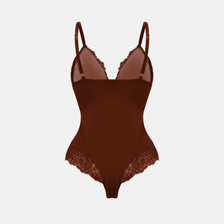 Deep-V Neck Lace Thong Bodysuit