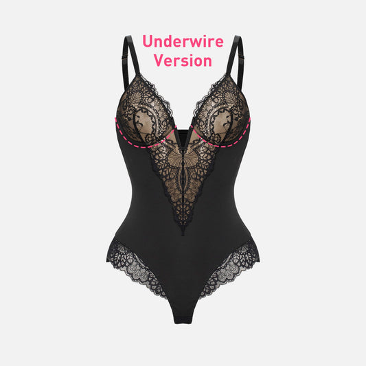 Deep-V Neck Lace Shapewear Thong Bodysuit