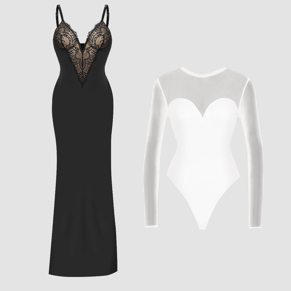 Lace Shapewear Bodycon Maxi Dress & Sheer Mesh Shapewear Thong Bodysui ...