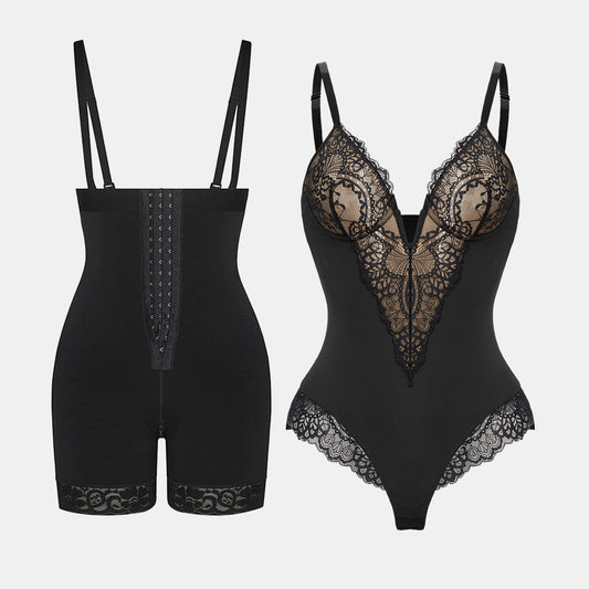 Tummy Control Butt Lifter Shaper & Deep-V Neck Lace Shapewear