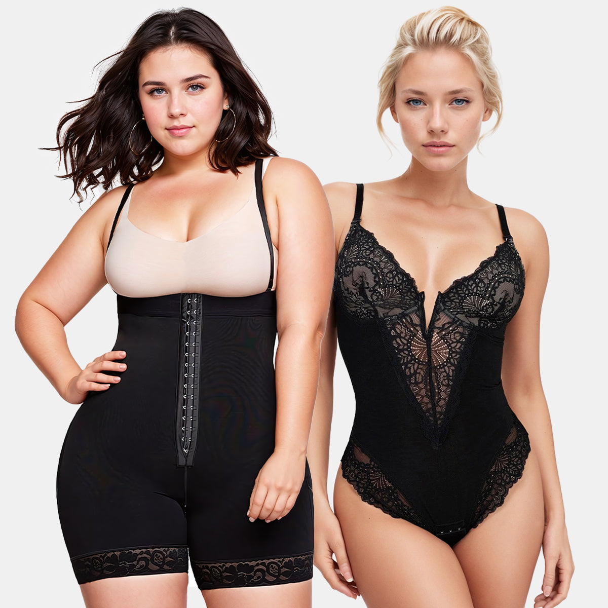 Tummy Control Butt Lifter Shaper & Deep-V Neck Lace Shapewear