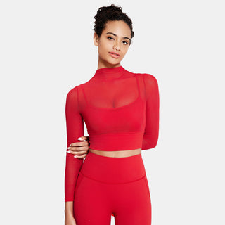 Red Mesh Long Sleeve Sports Top