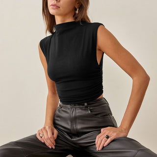 Sleeveless Mock-Neck Ruched Top