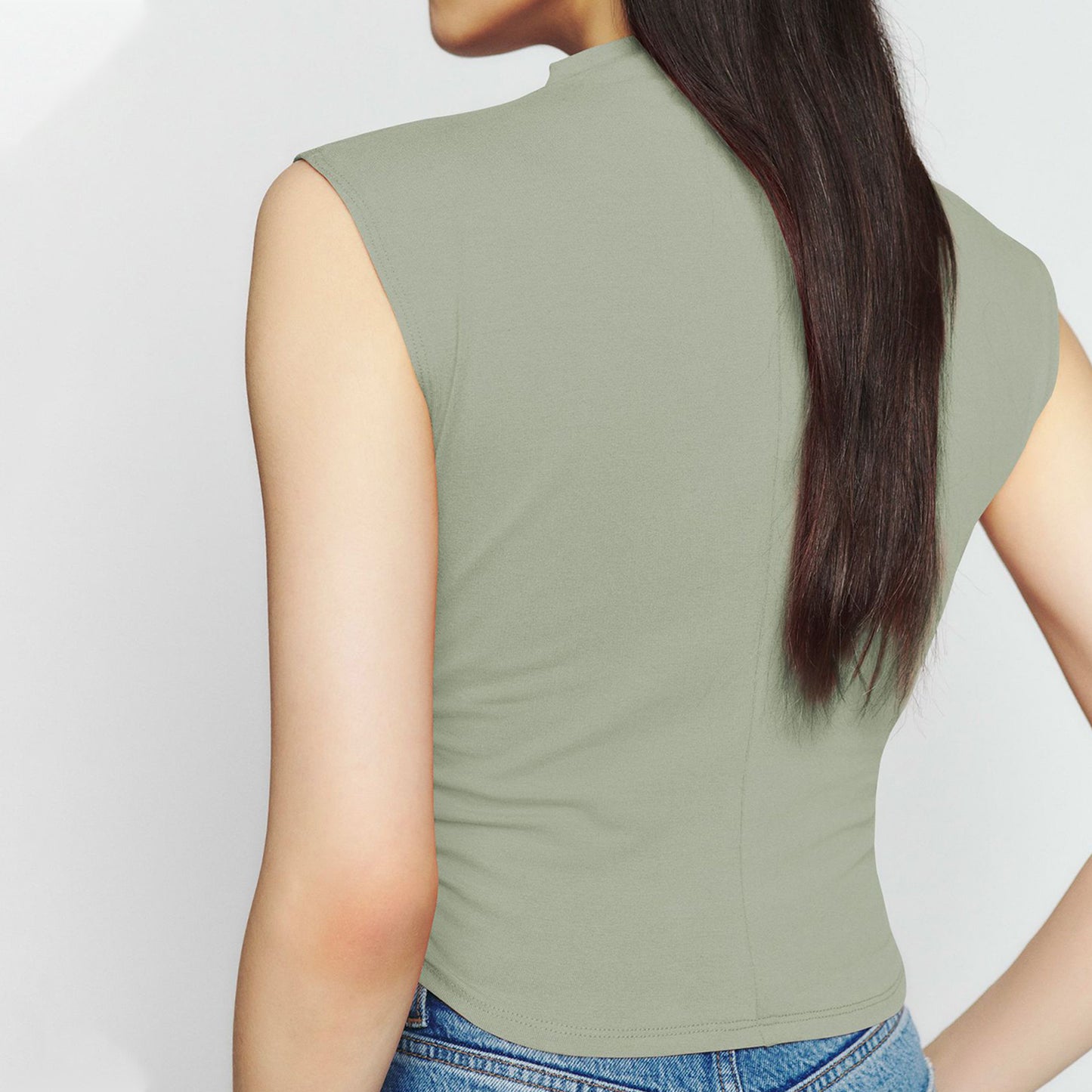 Sleeveless Mock-Neck Ruched Top