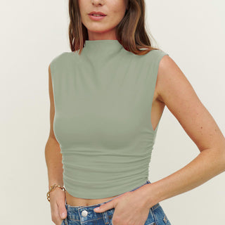 Sleeveless Mock-Neck Ruched Top