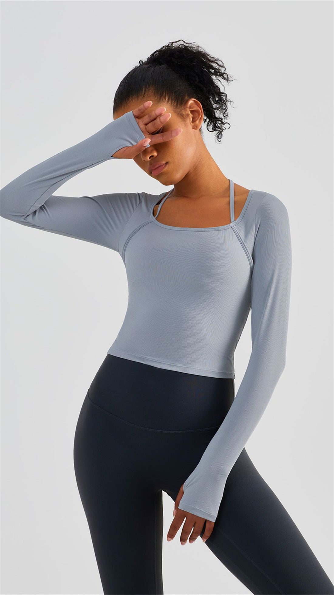 Ribbed Halter Strap Thumb Hole Sports Top