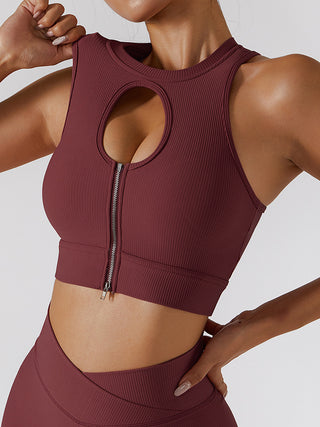 Zip Front Cut Out Cropped Yoga Tank Top