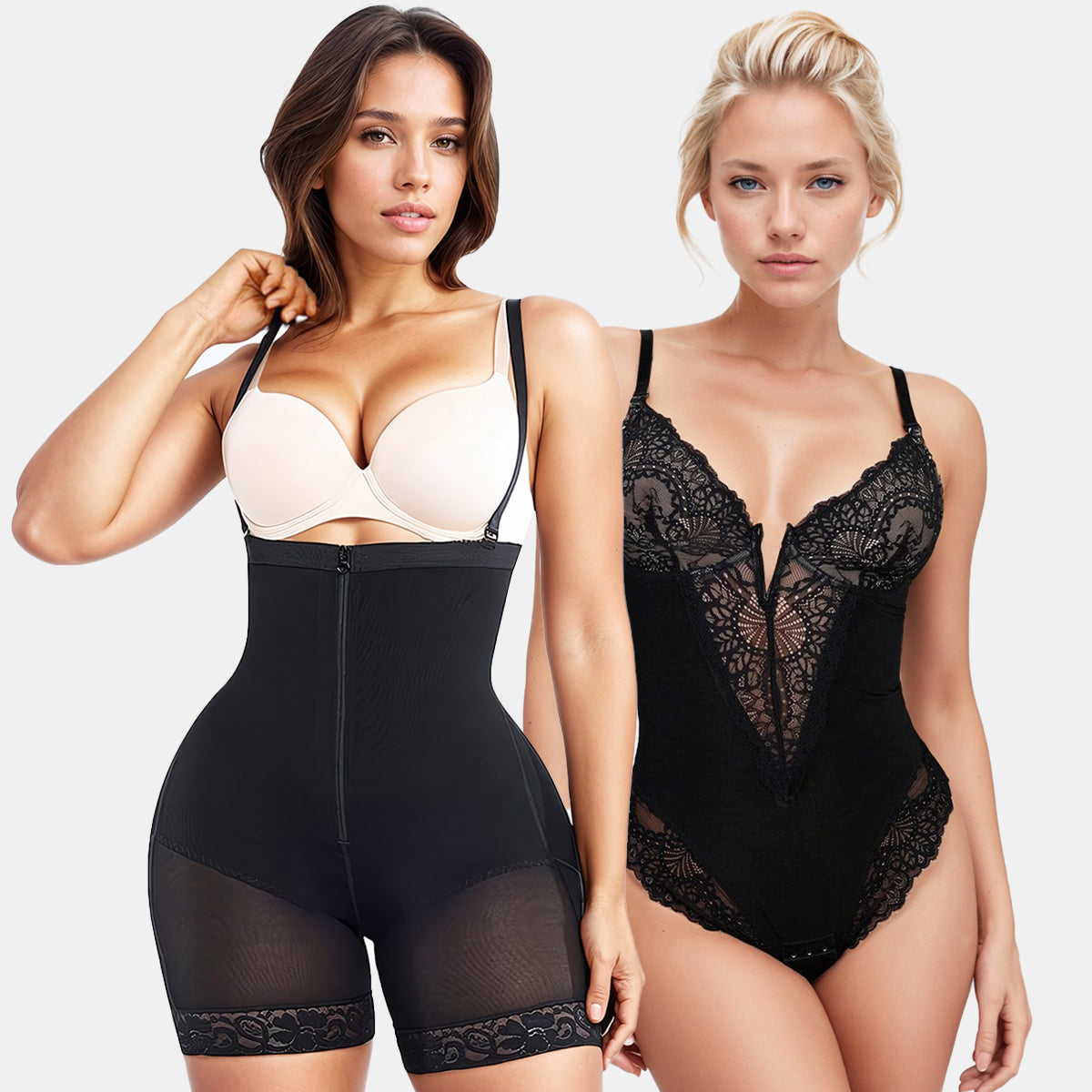 Tummy Control Fajas Colombianas Shapewear & Deep-V Neck Lace Shapewear