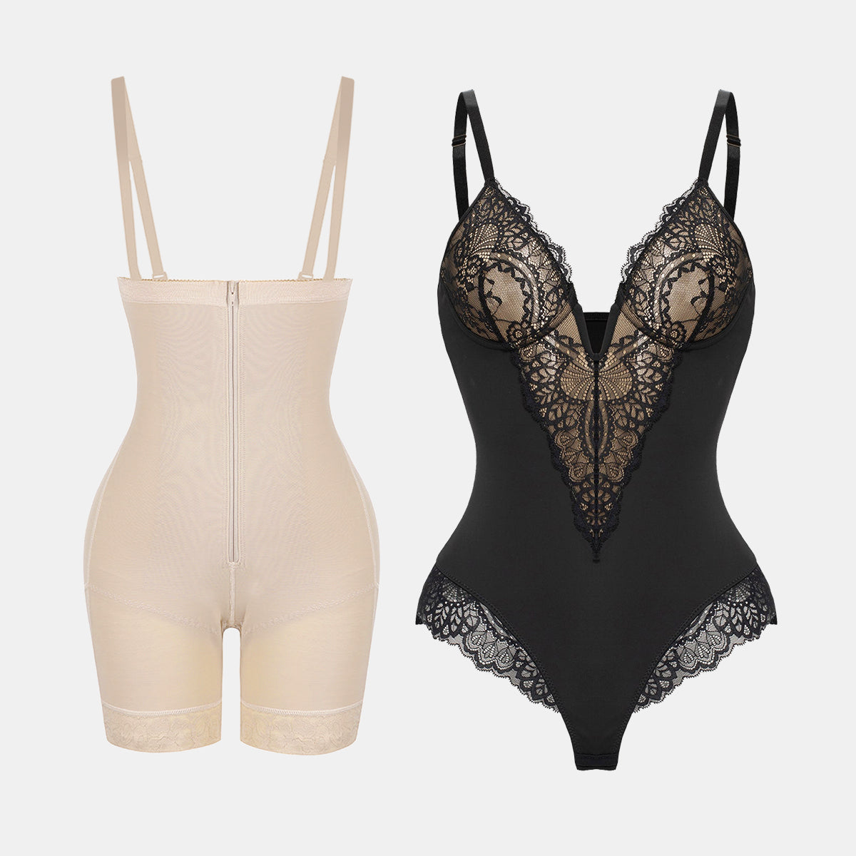 Tummy Control Fajas Colombianas Shapewear & Deep-V Neck Lace Shapewear