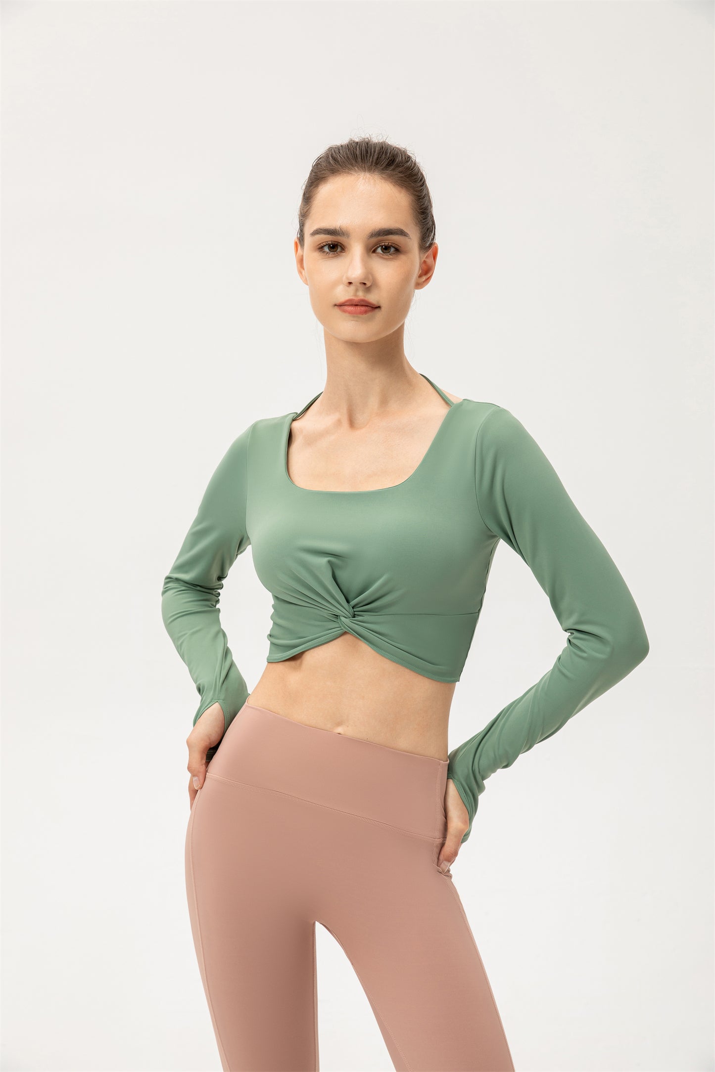 Thumb Hole Twisted Cropped Sports Top