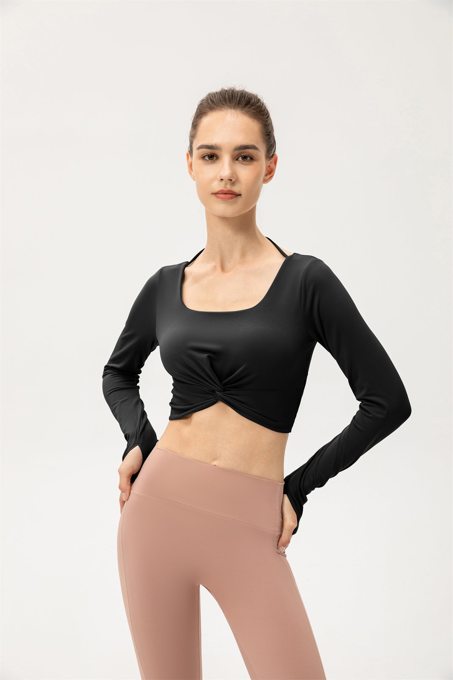 Thumb Hole Twisted Cropped Sports Top