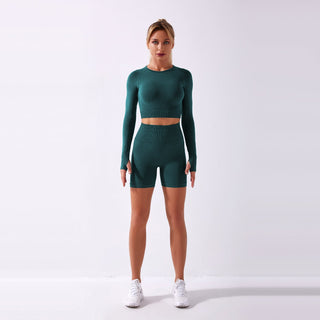 Seamless Gym Yoga Set Long Sleeve & Shorts for Women