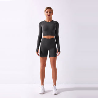 Seamless Gym Yoga Set Long Sleeve & Shorts for Women