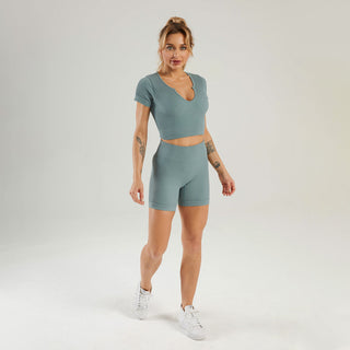 Seamless Gym Yoga Set Short Sleeve Top & Shorts for Women