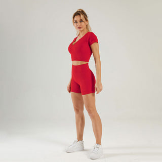 Seamless Gym Yoga Set Short Sleeve Top & Shorts for Women