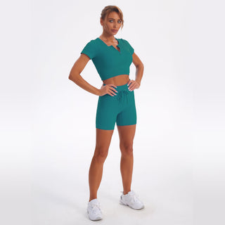 Seamless Gym Yoga Set Zip Up Short Sleeve Top & Shorts for Women