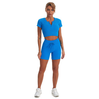 Seamless Gym Yoga Set Zip Up Short Sleeve Top & Shorts for Women