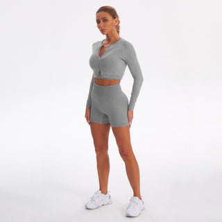 Seamless Gym Yoga Set Zip Up Long Sleeve & Shorts